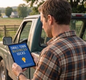 A man beside his pickup truck reading the Small Town Business Ideas ebook on a tablet
